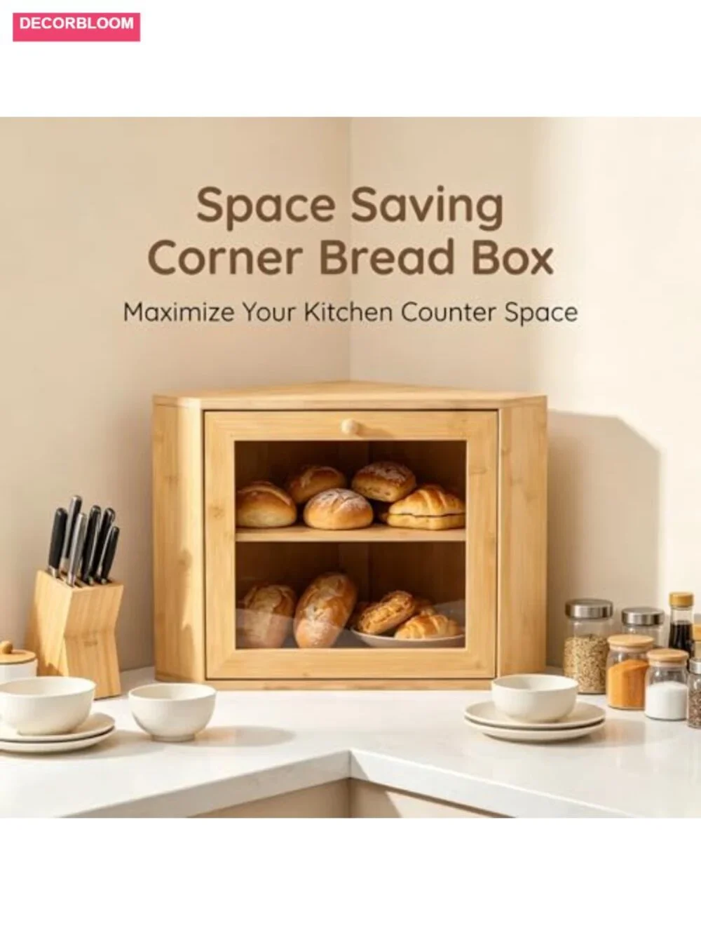 Bamboo Corner Bread Box, 2-Tier Kitchen Countertop Storage, Farmhouse Bread